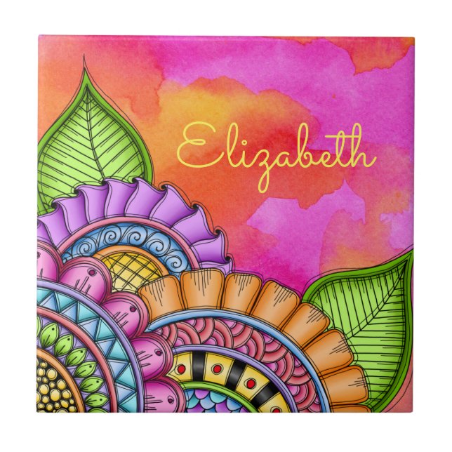 Whimsical Colourful Modern Floral Watercolor Tile (Front)