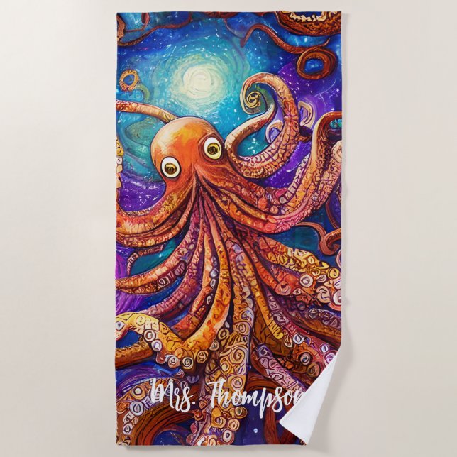 Whimsical Colourful Octopus with Personalised Name Beach Towel (Front)