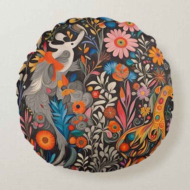 Whimsical Colourful Otomi Pattern  Round Cushion (Front)