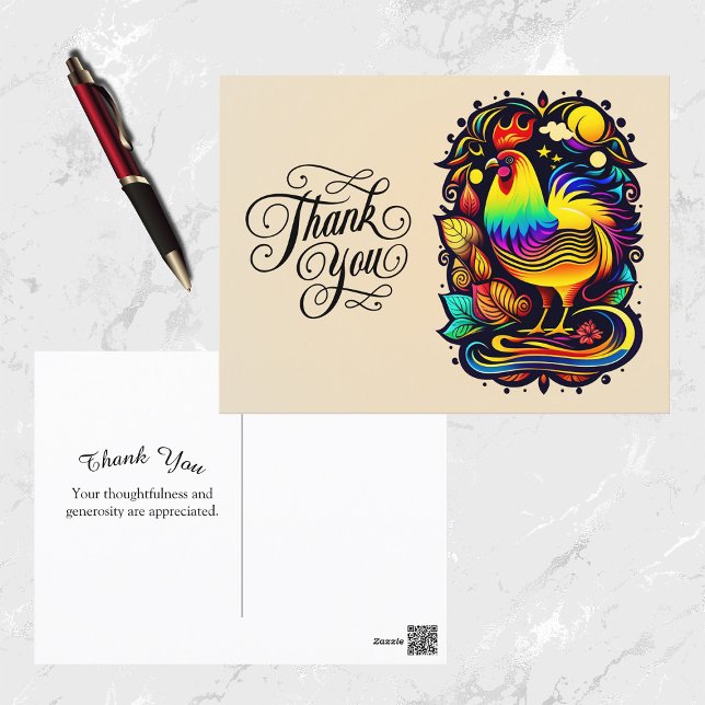 Whimsical Colourful Rooster Cartoon Thank You Postcard (Creator Uploaded)