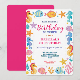 whimsical colourful seahorse star birthday party save the date