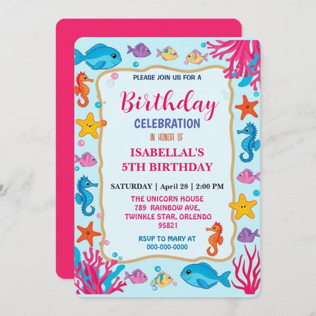 whimsical colourful seahorse star birthday party  save the date (Front/Back)