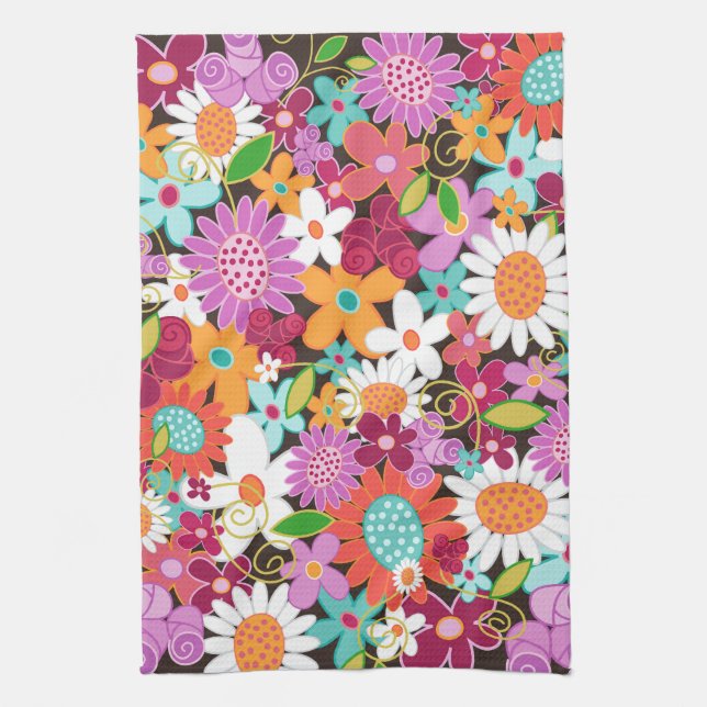 Whimsical Colourful Spring Flowers Floral Garden Tea Towel (Vertical)