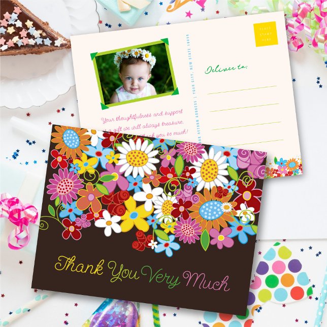 Whimsical Colourful Spring Flowers Garden Thank Yo Invitation Postcard (Whimsical Colorful Spring Flowers Garden Girl's Birthday Party Thank You Postcard @ fat_fa_tin)
