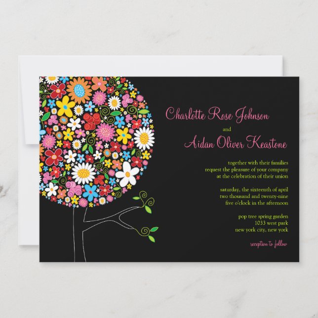 Whimsical Colourful Spring Flowers Pop Tree Weddin Invitation (Front)