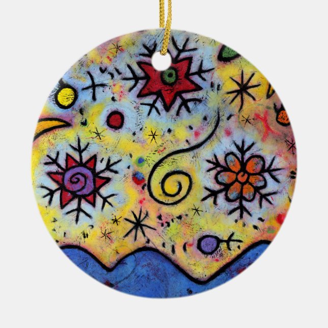 Whimsical Colourful Starry Skies Snowflake Ceramic Tree Decoration (Front)