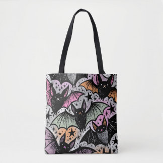 Whimsical Colourful Stars Bats Pattern Halloween Tote Bag