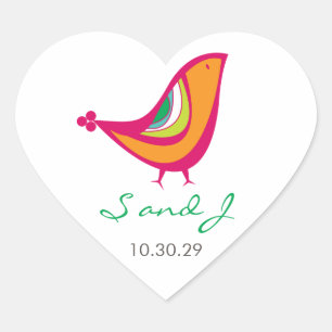 Whimsical Colourful Summer Bird Modern Chic Weddin Heart Sticker