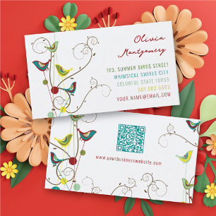 Whimsical Colourful Summer Birds And Swirls Modern Business Card