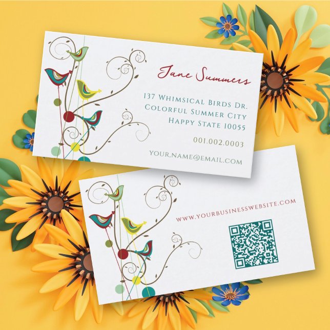 Whimsical Colourful Summer Birds And Swirls Modern Business Card (Whimsical Colorful Summer Birds And Swirls Modern Business Card @ fat_fa_tin)