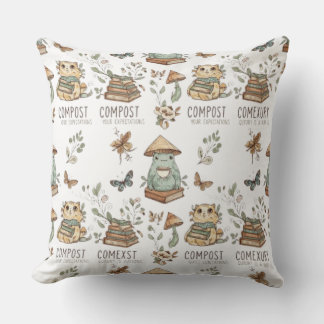 Whimsical "Compost Your Expectations" Frog & Cat P Cushion