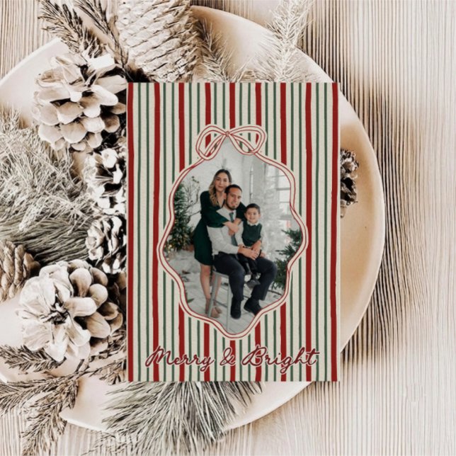 Whimsical Coquette Bow Stripe Holiday Photo Card (Vintage Coquette Family Photo Christmas Card)