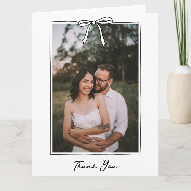 Whimsical Coquette Handwritten Bow Wedding  Thank You Card (Front)