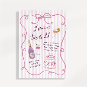 Whimsical Coquette Pink Bow 21st Birthday Invitation