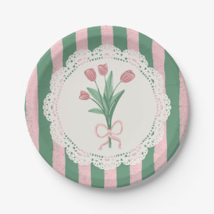 Whimsical Coquette Pink Bow Vintage Tulip Paper Plate