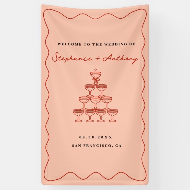 Whimsical Coral and Cherry Red Champagne Wedding Banner (Vertical)