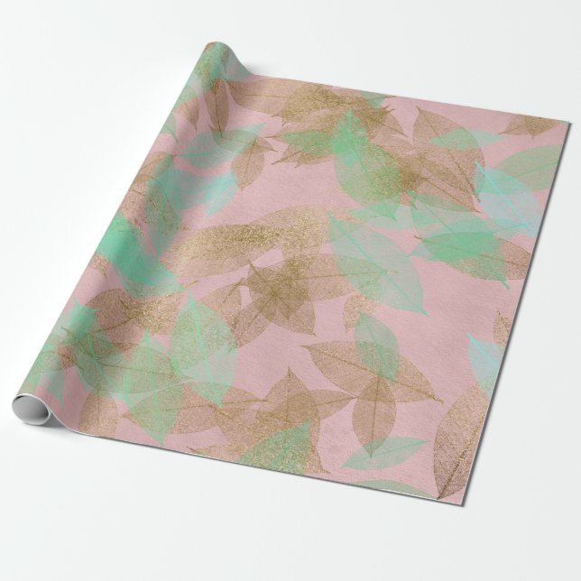 Whimsical Coral Gold Falling Leafs Pink Wrapping Paper (Unrolled)