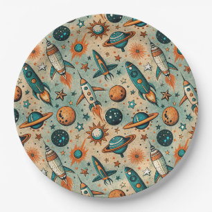 Whimsical Cosmic Rockets Stars Teal Coral Paper Plate