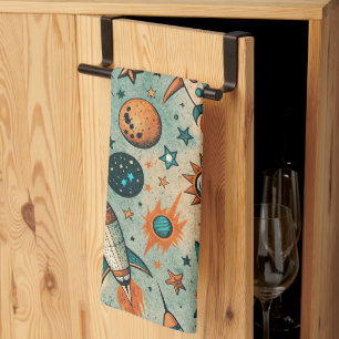 Whimsical Cosmic Rockets Stars Teal Coral Tea Towel