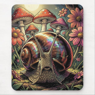 Whimsical Cosmic Snail & Mushroom Garden Mouse Pad