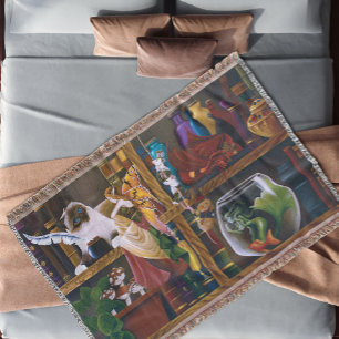 Whimsical Cosy Fantasy Wizard Library Shelves  Throw Blanket