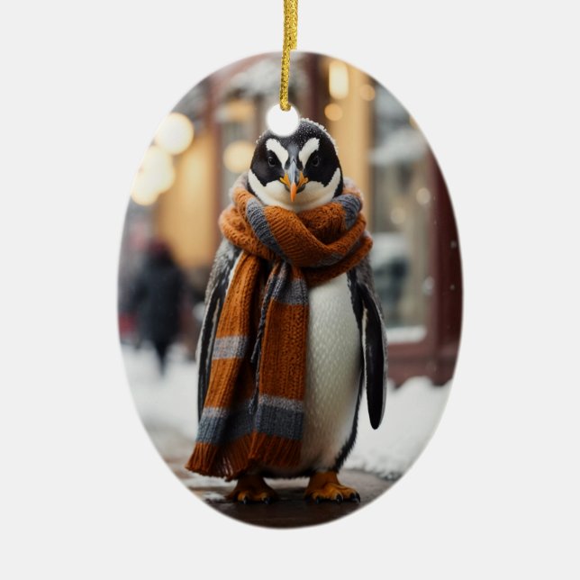 Whimsical Cosy Penguin Snowy Winter Ceramic Tree Decoration (Front)