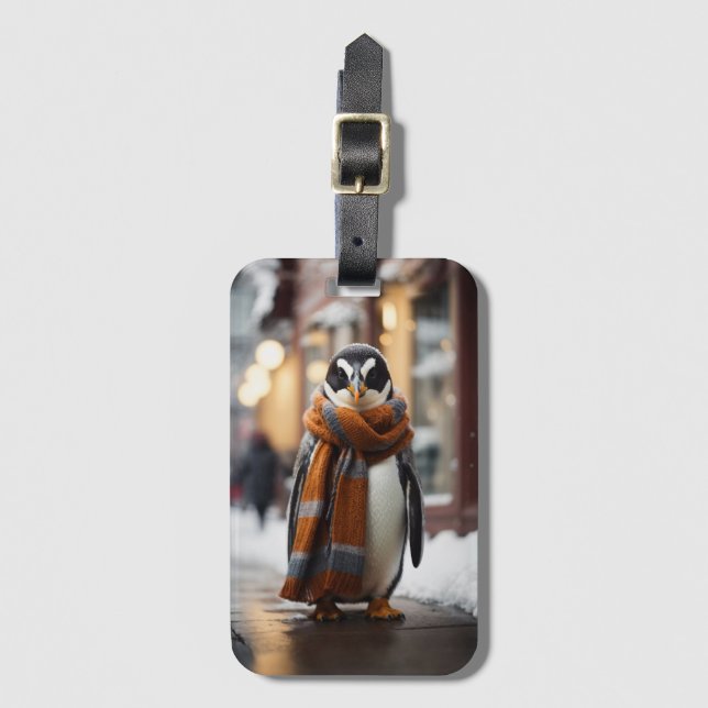 Whimsical Cosy Penguin Snowy Winter Luggage Tag (Front Vertical)