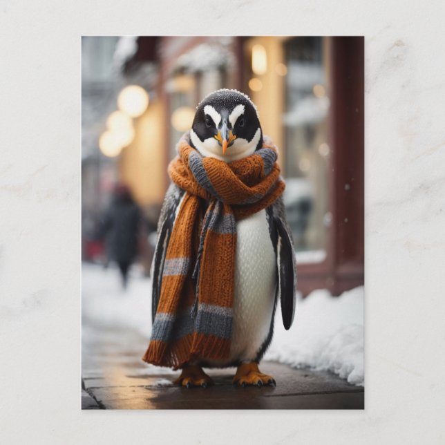 Whimsical Cosy Penguin Snowy Winter Postcard (Front)