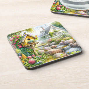 Whimsical Cottage Garden Birdhouse Stream Coaster