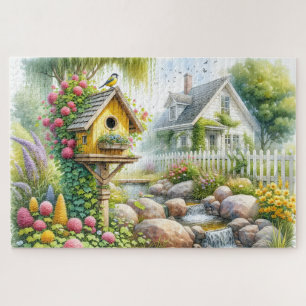 Whimsical Cottage Garden Birdhouse Stream Jigsaw Puzzle
