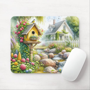 Whimsical Cottage Garden Birdhouse Stream Mouse Pad