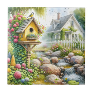 Whimsical Cottage Garden Birdhouse Stream Tile