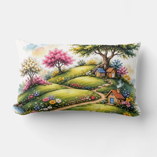 Whimsical Cottage Garden Landscape Art Lumbar Cushion (Front)