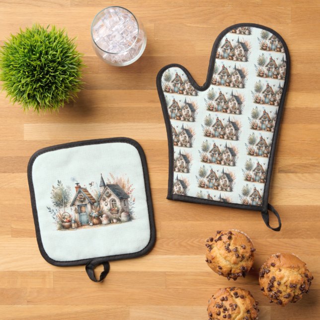 Whimsical Cottage Garden Oven Mitt & Pot Holder Set (Top Down)