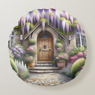 Whimsical Cottage Garden Pathway Round Cushion