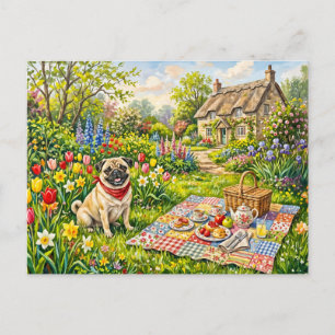 Whimsical Cottage Garden Picnic Pug Illustration Holiday Postcard