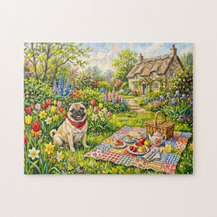 Whimsical Cottage Garden Picnic Pug Illustration Jigsaw Puzzle