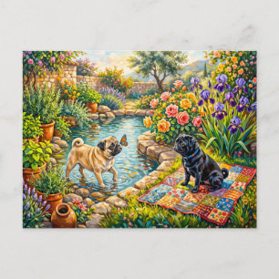 Whimsical Cottage Garden Pond Mops Illustration Postcard