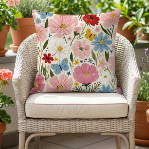 Whimsical Cottage Garden Summer Floral Pattern Cushion