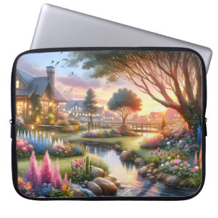 Whimsical Cottage Garden Sunset Laptop Sleeve