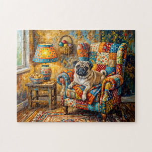 Whimsical Cottage Mops Dog Armchair Illustration Jigsaw Puzzle