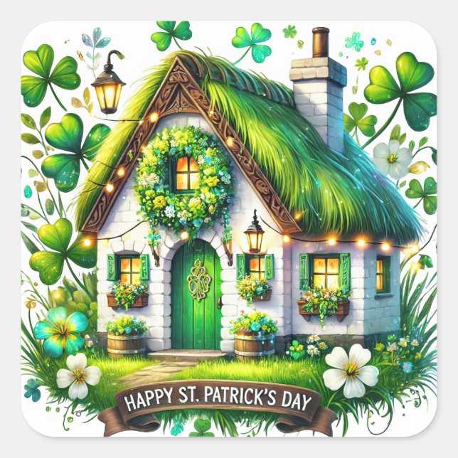 Whimsical Cottage St Patricks Day Illustration Square Sticker (Front)
