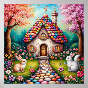 Whimsical Cottage With Rabbits Poster