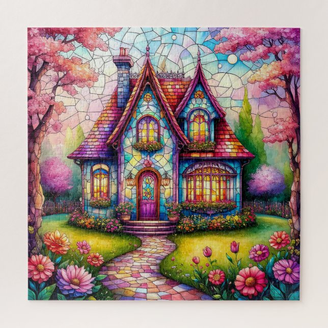 Whimsical Cottage With Vibrant Flower Garden Jigsaw Puzzle (Vertical)