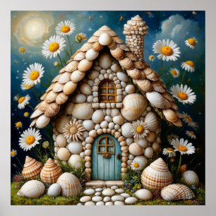 Whimsical Cottage With Vibrant Flower Garden Poster