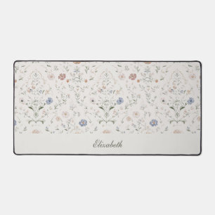 Whimsical Cottagecore Beige Monogram Name Floral Desk Mat