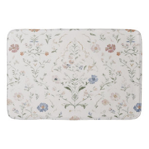 Whimsical Cottagecore Beige Watercolor Wildflower Bath Mat