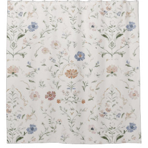 Whimsical Cottagecore Beige Watercolor Wildflower Shower Curtain