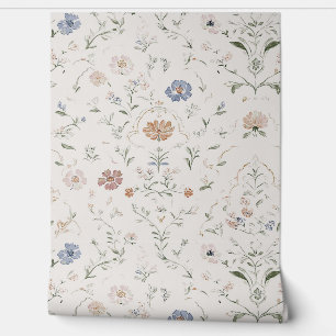 Whimsical Cottagecore Beige Watercolor Wildflower Wallpaper