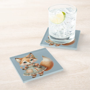Whimsical Cottagecore Floral Pastel Fox Glass Coaster
